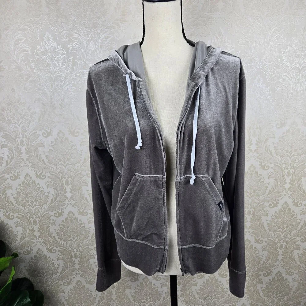 DKNY Sz Large Gray Velour Zip Front Casual Jacket Drawstring Hood Front Pockets